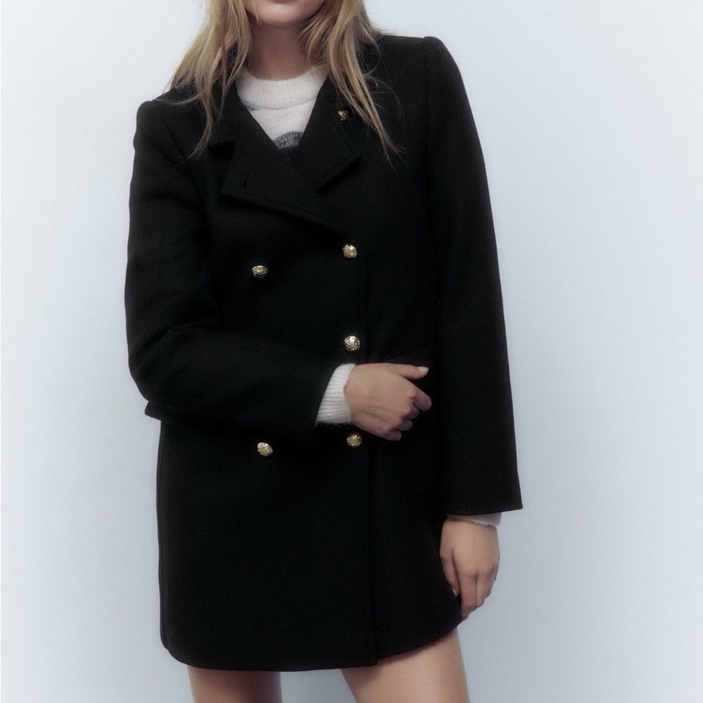 Zara Black Wool Pea Coat with Gold Buttons